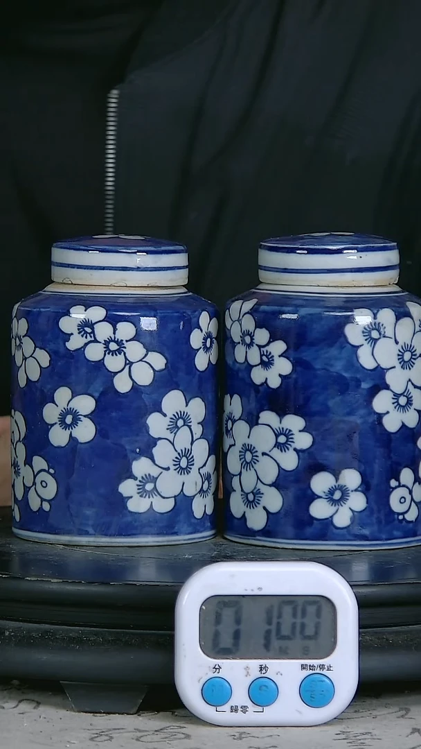 陶阿*青花精绘花卉图罐一对