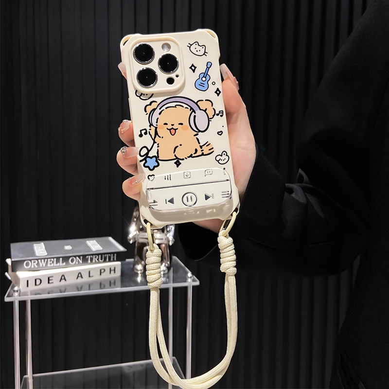 播放器线条小狗适用于苹果15promax手机壳四角挂绳iPhone13/14