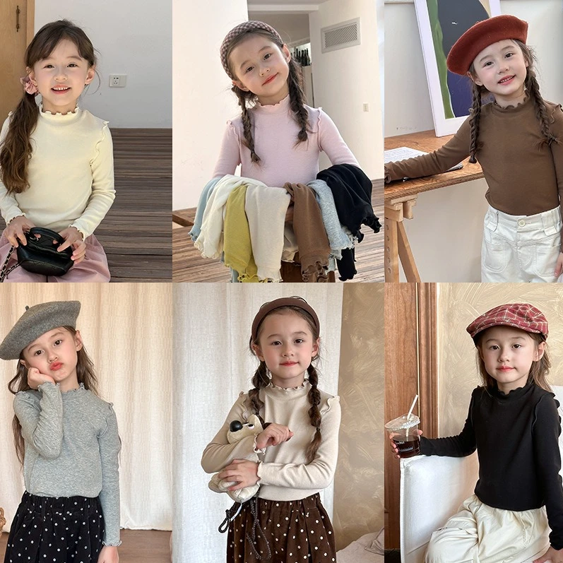 亲子【现货】女童秋装内搭上衣百搭甜美木耳花边打底衫24X036