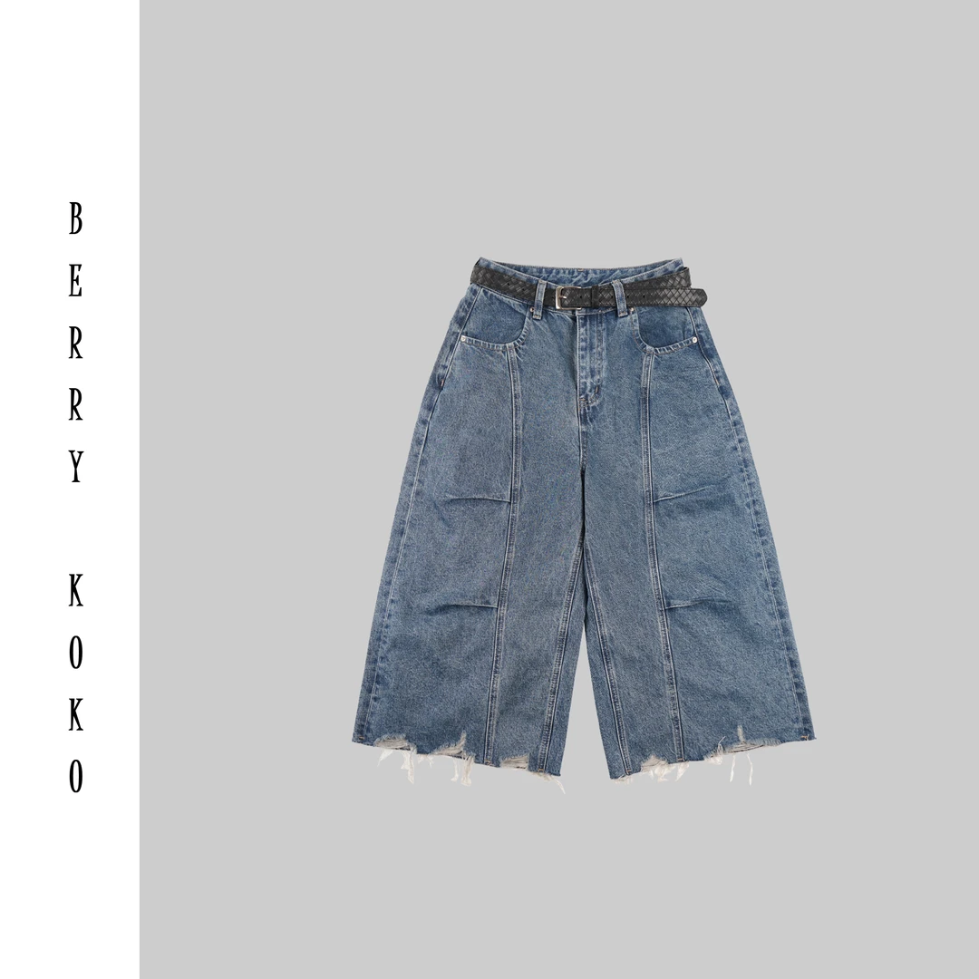 【MISSKO】早秋复古洗水毛边立体剪裁阔腿裤八分原牛 （带腰带）K07