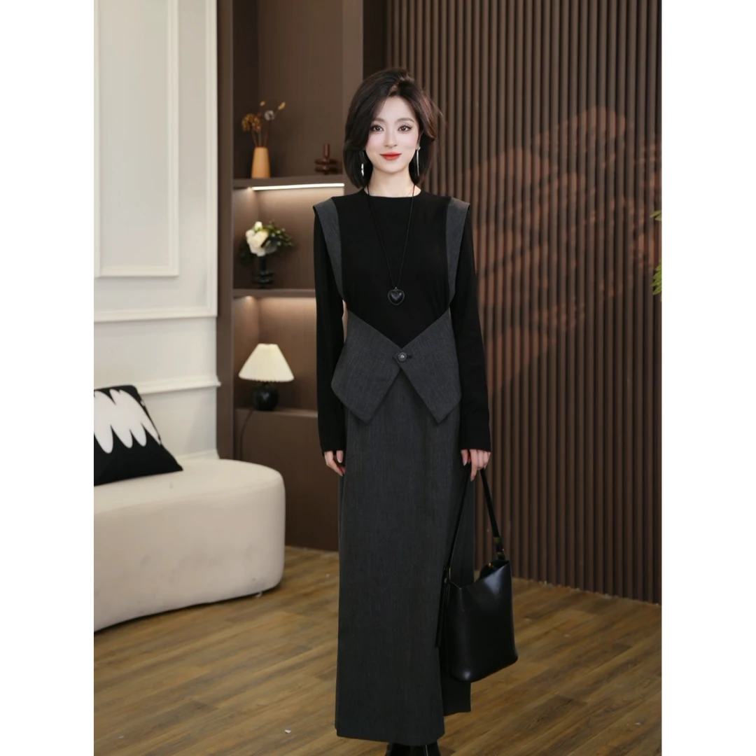 秋冬法式撞色上衣半裙两件套套装