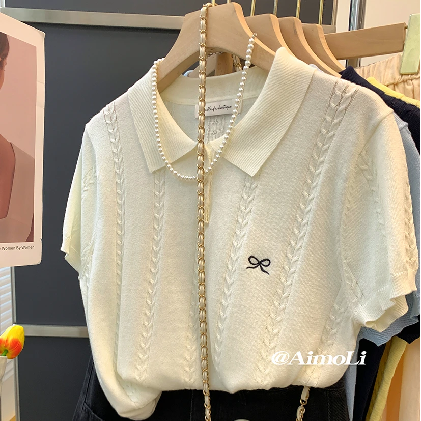 【现货】韩系夏季冰丝短袖针织衫女2025新款刺绣翻领polo衫别致上衣