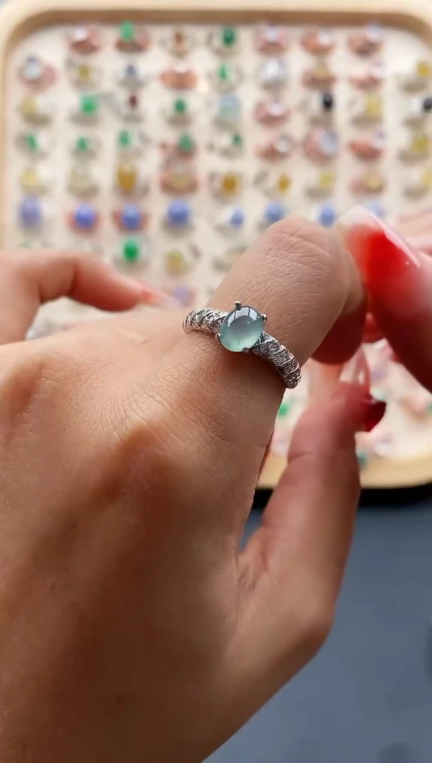 【闪购商品】翡翠戒指银S925镶嵌缅甸天然A货翡翠222 5+7