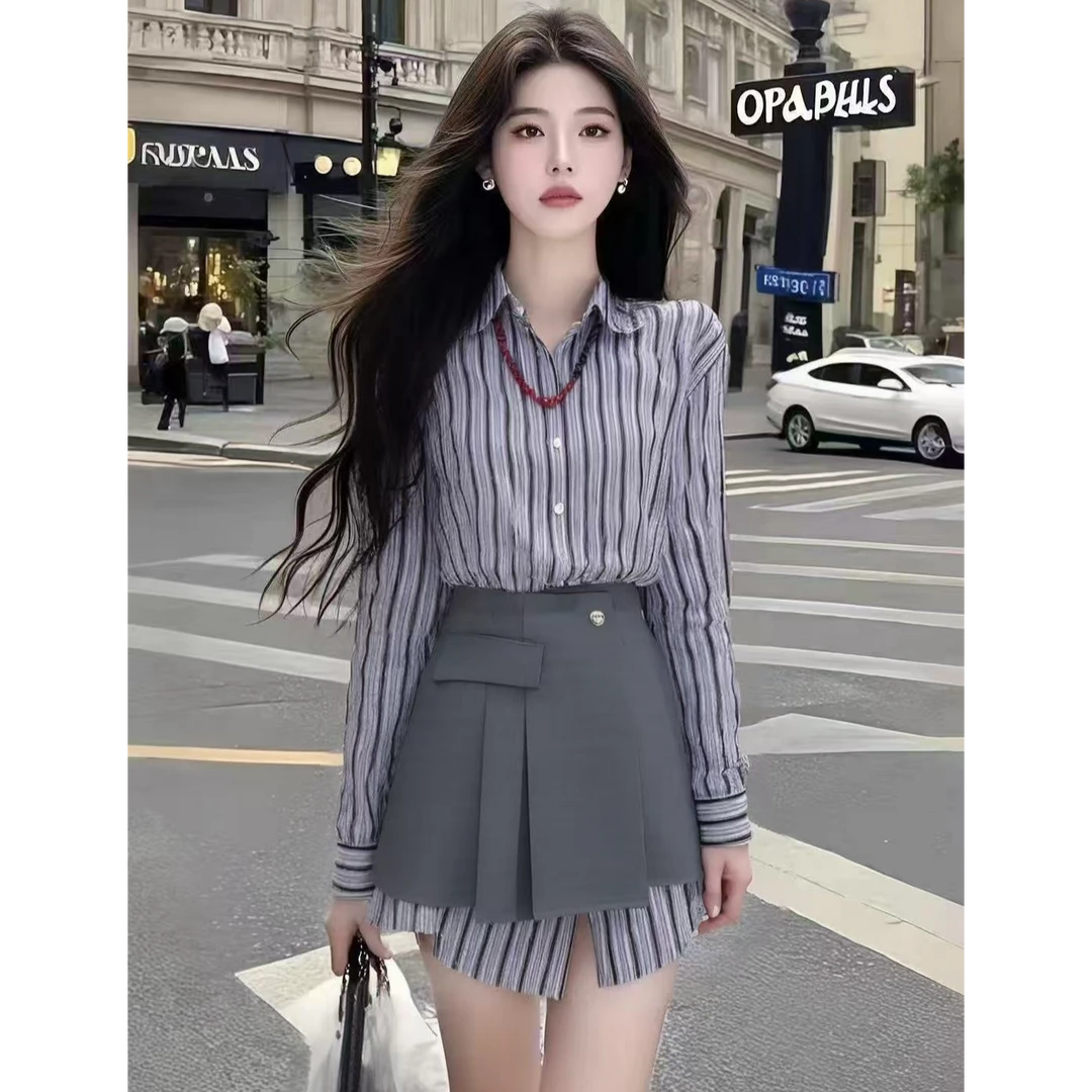 条纹辣妹衬衫性感小众半身裙女两件套甜美小清新显瘦氛围感新款