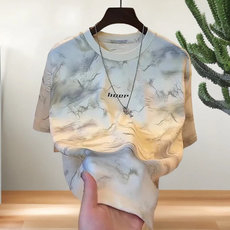 2025新款上衣潮牌薄款短袖T恤男宽松休闲夏季假破洞凉感半袖体恤