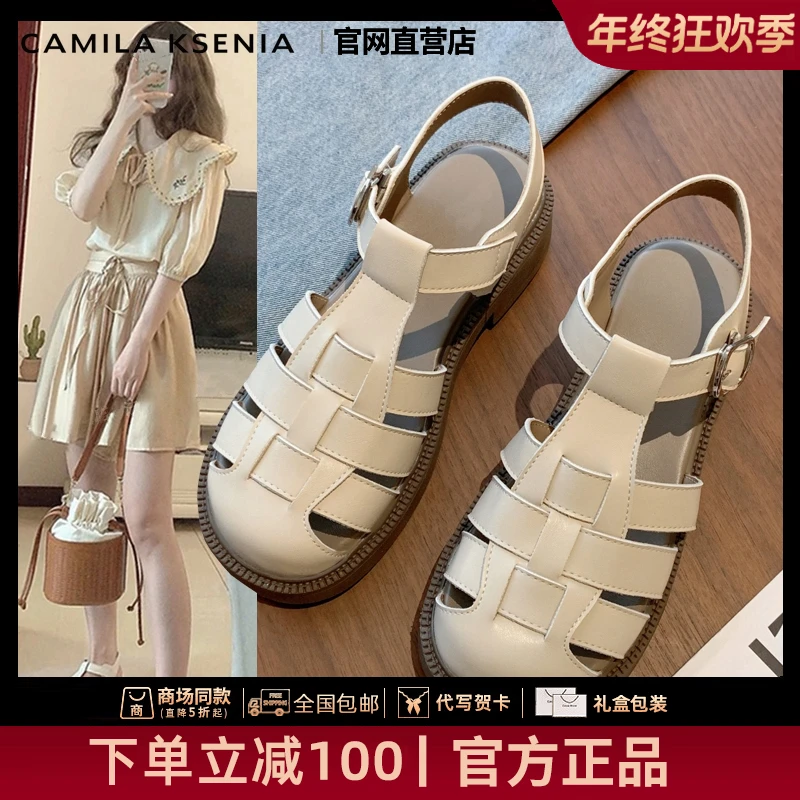 CAMILA KSENIA官方店新款女秋季包头罗马凉鞋平底外穿猪笼单鞋