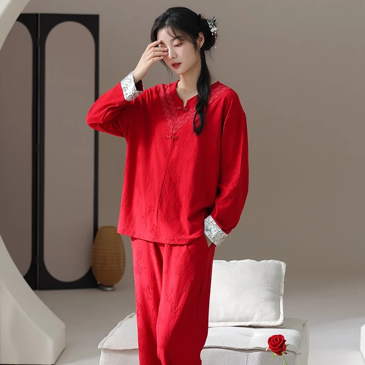 睡衣女秋冬长袖纯棉休闲简约国潮风家居服外穿纯色套装