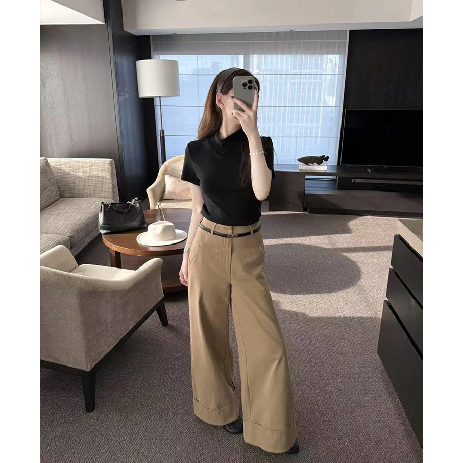 韩版宽松显瘦卷边直筒裤女早秋新款轻熟气质高腰垂感百搭休闲裤