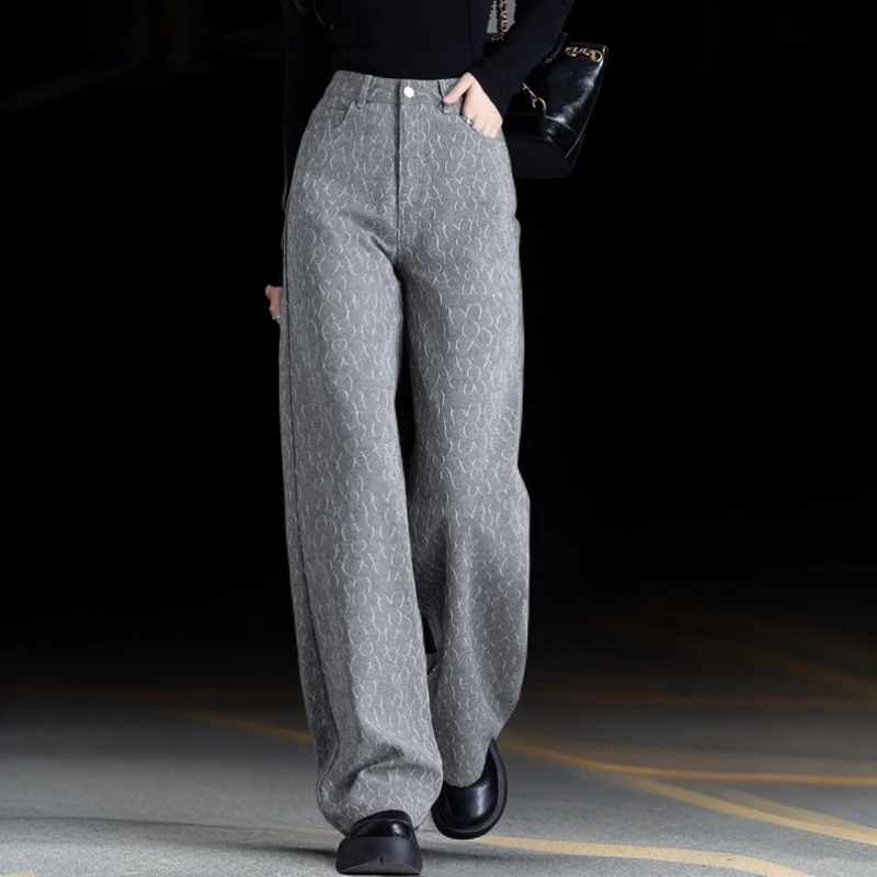 灰色提花牛仔裤女款爆款2025新款窄版直筒裤秋季阔腿裤简约长裤女