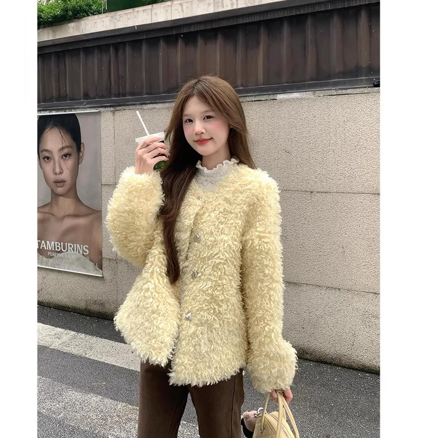 高端货~设计感小众慵懒风软糯卷毛羊羔毛冬季大衣皮毛一体外套女