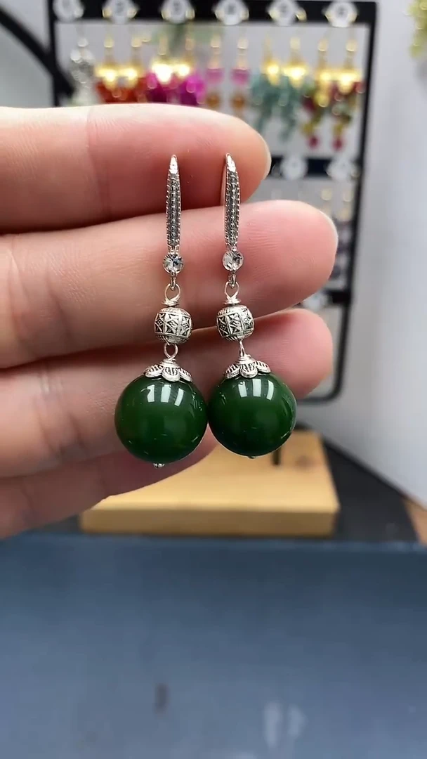 和田玉银S925镶嵌耳饰尺寸14mmA3