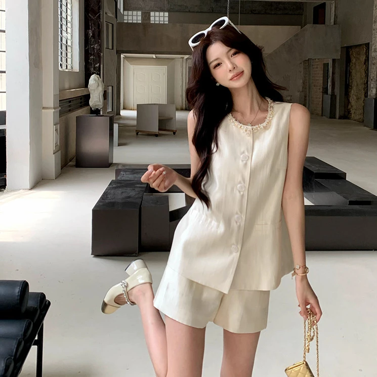 佐佐家小个子优雅气质无袖马甲短裤套装/千金风短袖连衣裙夏季女