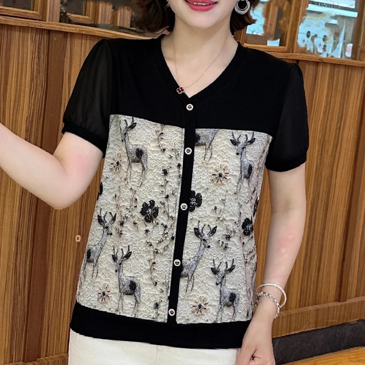 夏季新款时尚V领宽松显瘦减龄妈妈装气质百搭休闲短袖上衣女X1334