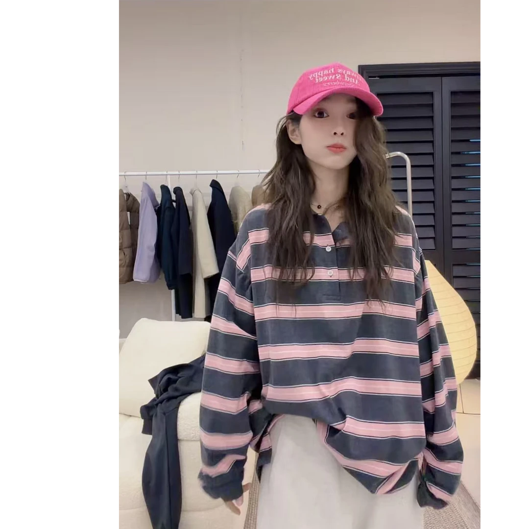 「polo T恤」拼色粉灰条纹长袖T