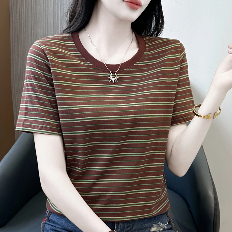 美式撞色复古条纹短袖t恤女2025春夏季正肩打底半袖宽松圆领上衣