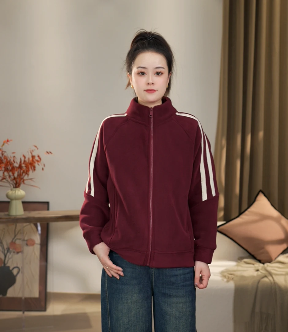 【沐沐】冬季时尚休闲运动百搭立领双面绒加绒加厚保暖开衫立领外套