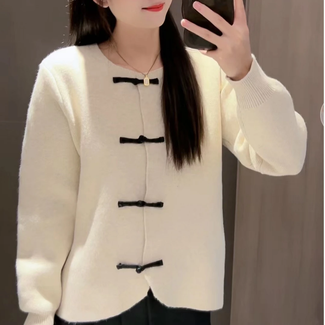 新款圆领时尚百搭纯色国风女士针织开衫