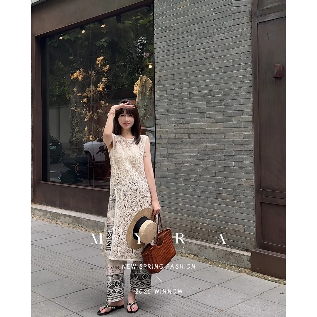 MYRA“扶柳”棉绳绣花镂空长款开叉连衣裙XM02594