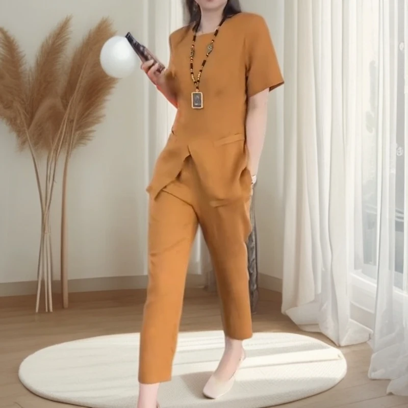 夏季时尚国风套装女大码宽松短袖上衣搭配小脚裤显瘦潮