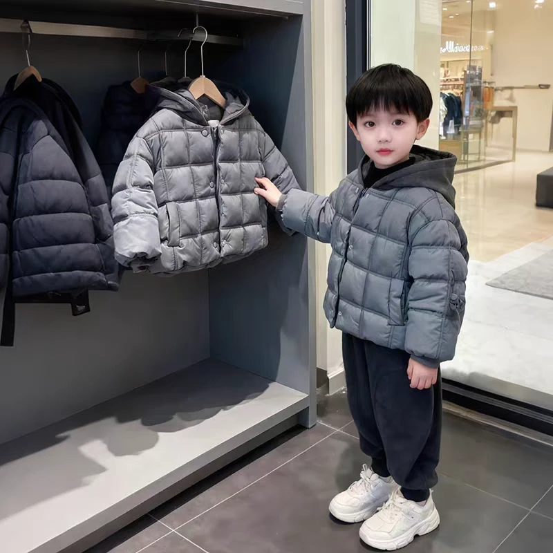 男童假两件棉服儿童秋冬装2025新款轻便保暖连帽外套洋气棉袄潮
