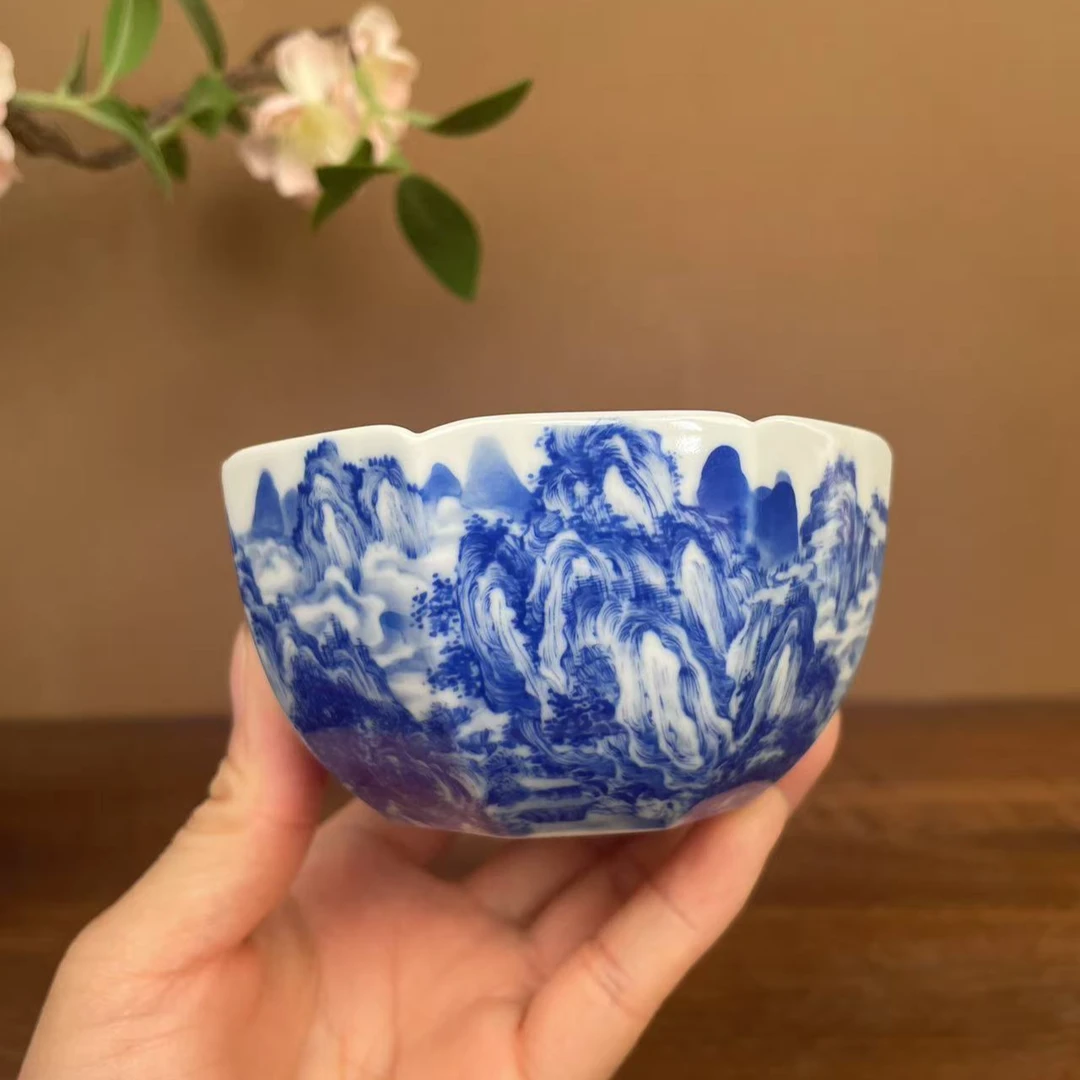 【九茗珍藏】怀庆宋画山水精工八方杯手工手绘景德镇茶具