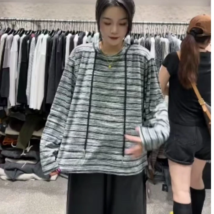 【苏苏精选】82352条纹长袖2025早秋流行穿搭大码上衣