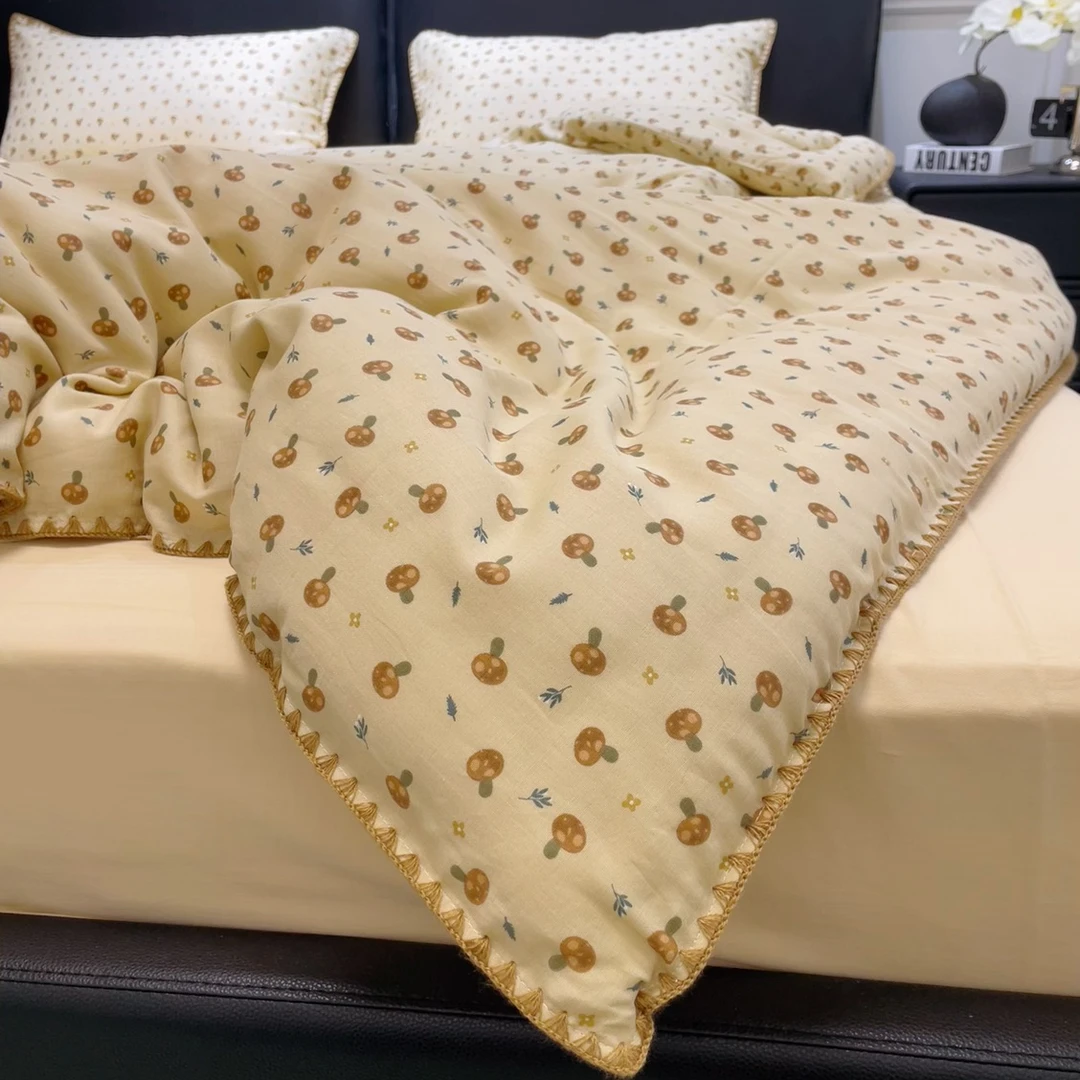 小蘑菇| ins小清新全棉纯棉双层纱四件套三角针包边被套柔软床品