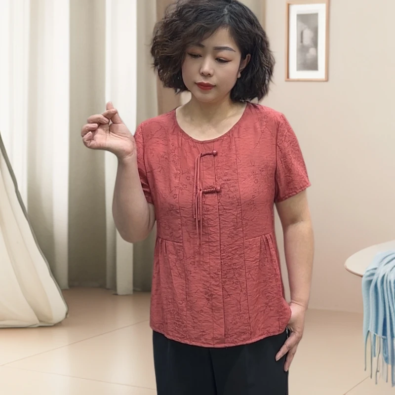 妈妈夏装新中式短袖小衫新款中老年女夏季洋气盘扣圆领T恤