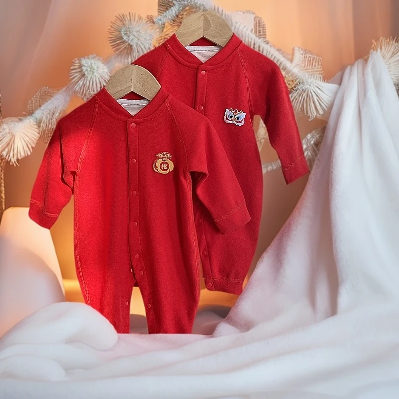羊毛蚕丝婴儿拜年服连体衣保暖内衣满月搭新年装冬季宝宝过年衣服