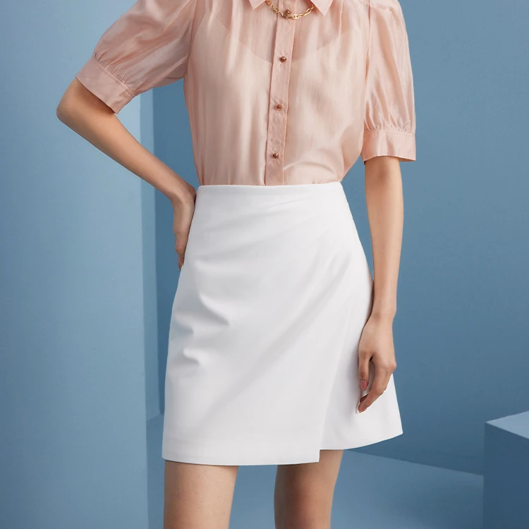 【羊羊专属】曼德诗纯色本白半身裙A字裙丝滑立体褶短裙M207101568