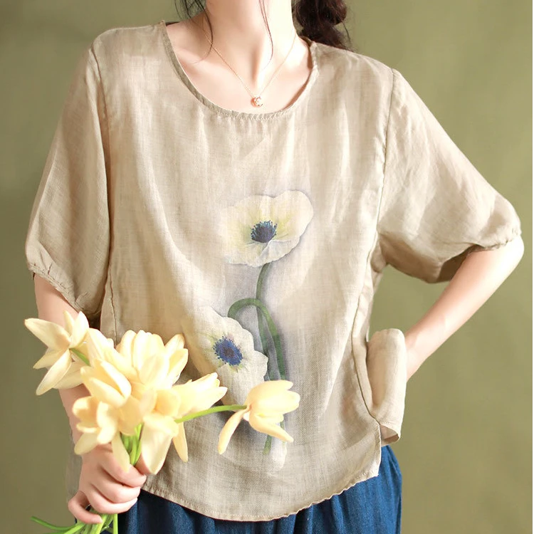 【当天发+退换包邮】五分袖圆领棉麻T恤衫女印花图案上衣497