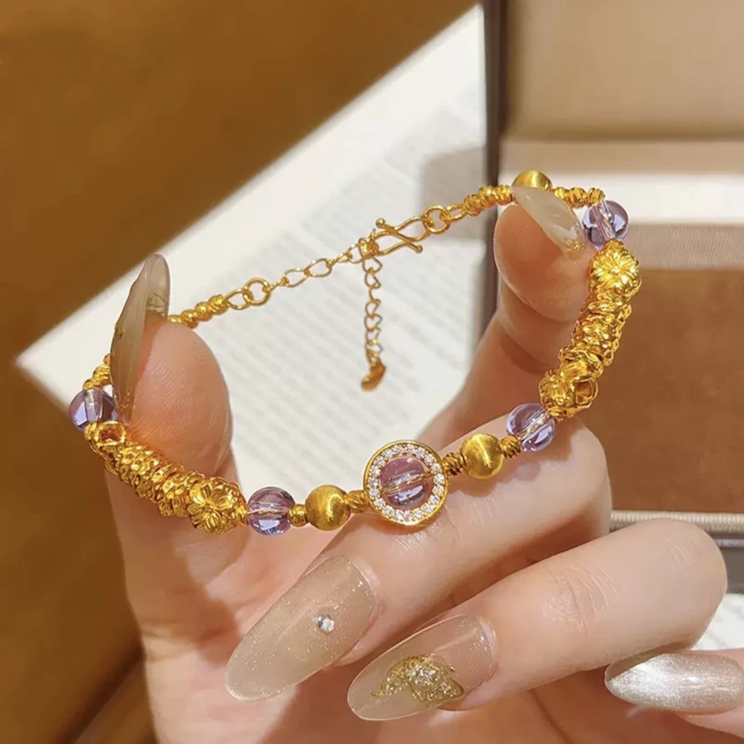 铜合金手链 古法拉丝猫眼盘缠手链小花千金感精致手串轻奢女