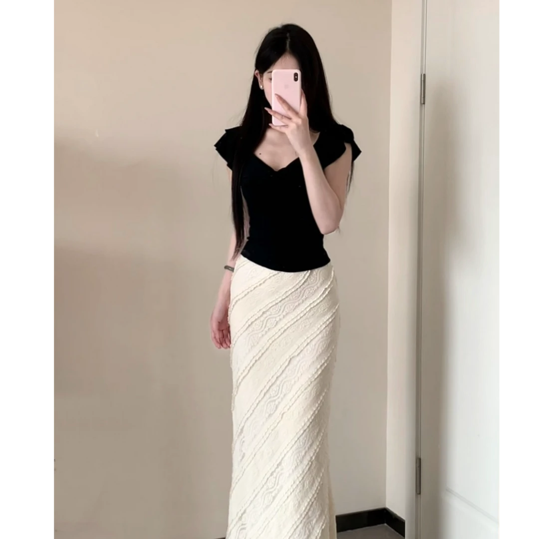 【蓝海之韵】夏季纯欲性感独特荷叶边设计感显瘦T恤XY-113