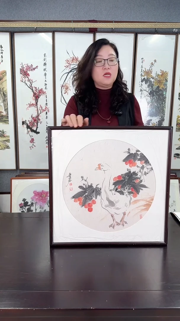 国画 富贵吉祥 实木画框53*53