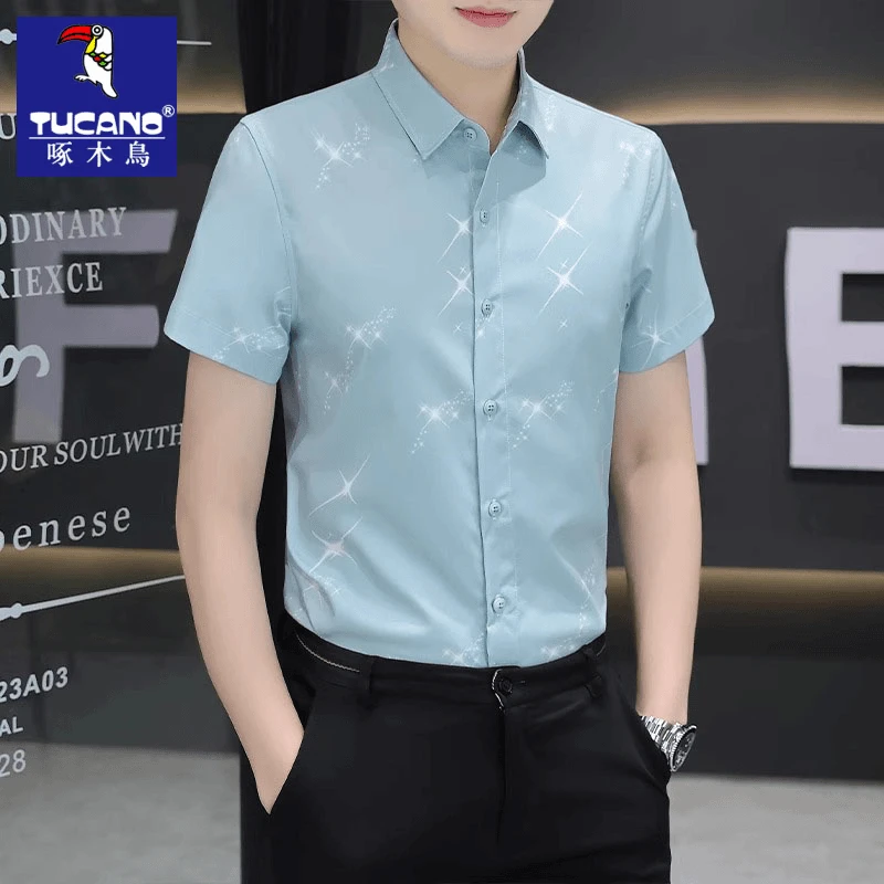 啄木鸟品牌短袖衬衫男2025夏季新款高级潮流修身抗皱冰丝衬衣男款