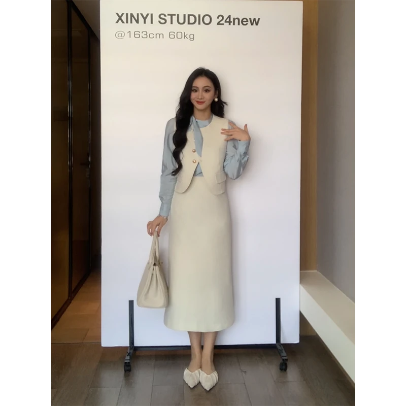 XINYI【海派千金】秋季衬衫+马甲+半裙显瘦气质三件套X624A12701