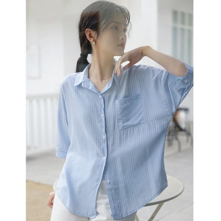 法式新款蓝色条纹衬衫宽松时尚翻领短袖显瘦遮肉胖MM条纹衬衫T恤