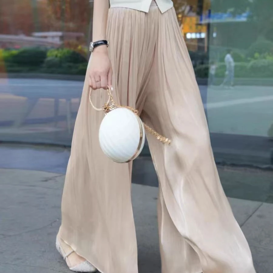 珠光鎏璃纱阔腿裤气质高腰显瘦宽松中长款休闲裙裤子