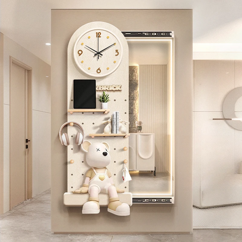 奶油风推拉洞洞板全身镜装饰画带钟表可关闭隐藏穿衣镜挂画小户型