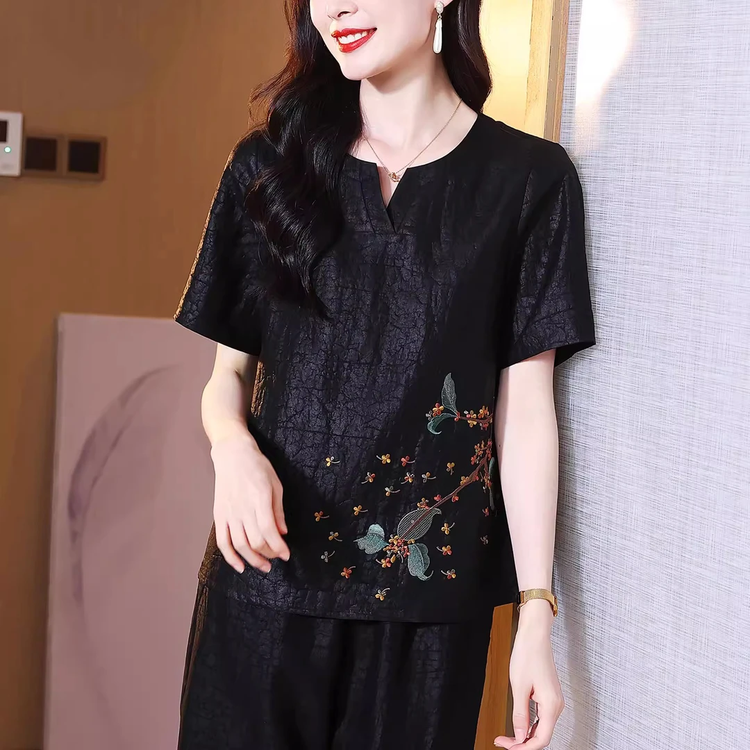 夏季刺绣香云纱真丝上衣女黑色百搭圆领短袖直筒100桑蚕丝t恤小衫