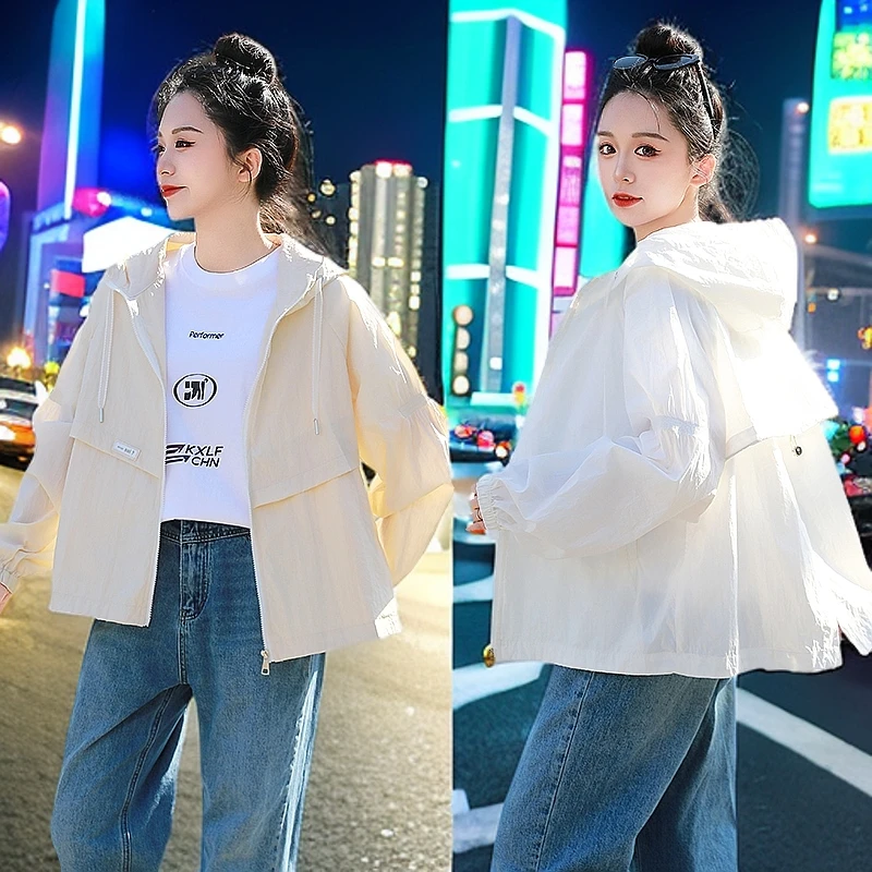 大码防晒夏季女纯色休闲风短外套休闲学生防晒衣轻薄连帽防晒服女