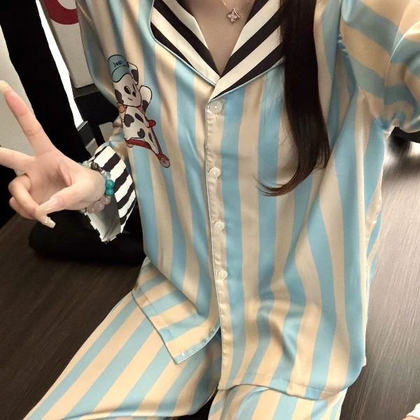 【DSYJ大睡衣家】甜美可爱撞色条纹睡衣女款夏季新款长裤家居服套装