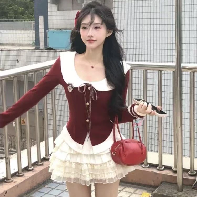 韩系学院风套装裙女秋冬圣诞红色海军领针织毛衣穿搭蛋糕蓬蓬裙子