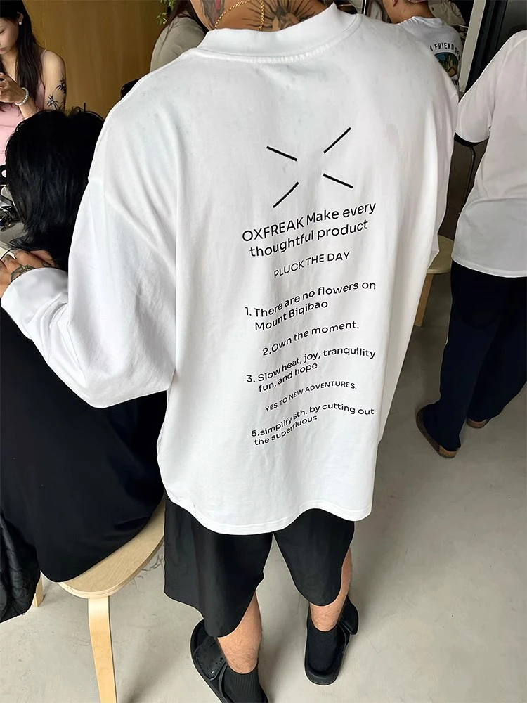 【重磅纯棉】春秋新款打底休闲打底衫宽松印花白色ins上衣男长袖T恤