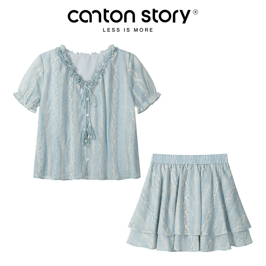羊城故事-蓝色清新撞色刺绣流苏绑带短袖松紧短裙套装Y50449800