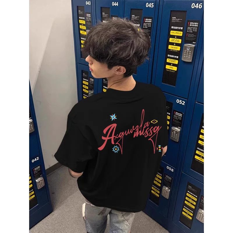 美式潮牌高街趣味设计印花黑色短袖T恤男款夏季纯棉重磅半袖上衣