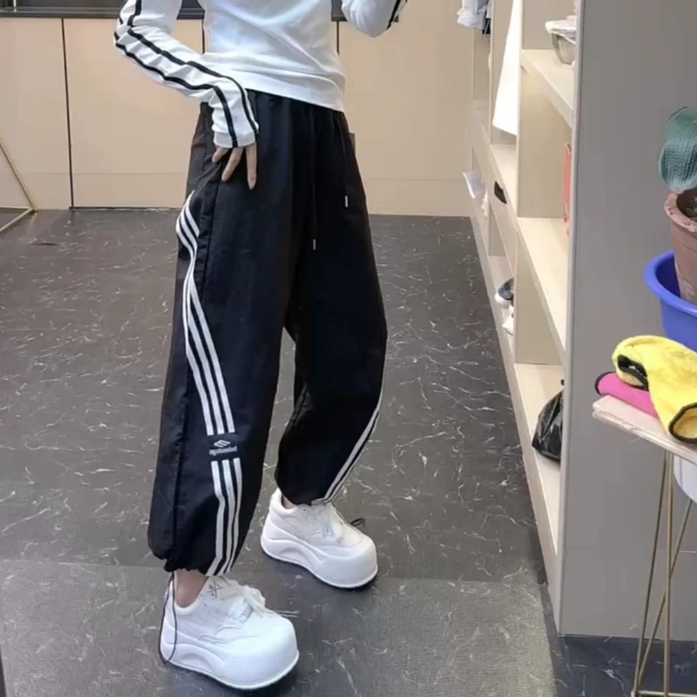 萱贝纯时尚潮流条杠休闲裤女2025秋冬百搭工装裤韩版宽松束脚裤子