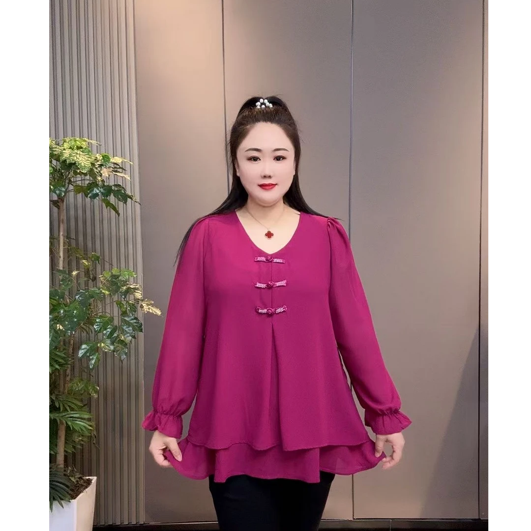 2025春季新款时尚气质V领盘扣韩版宽松拼接遮肉显瘦上衣