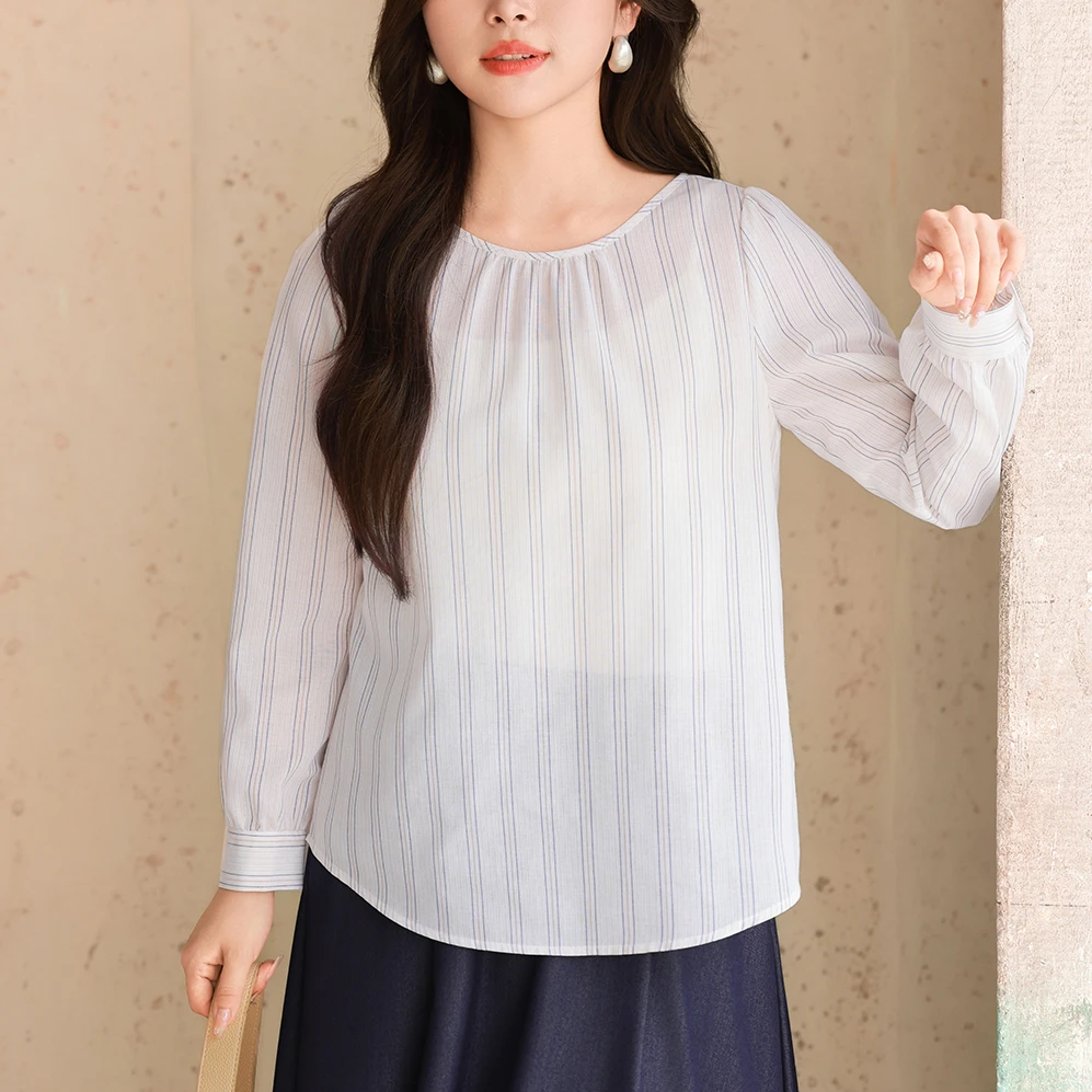 MsShe大码女装春装法式复古条纹圆领宽松长袖衬衫J~Q2503011