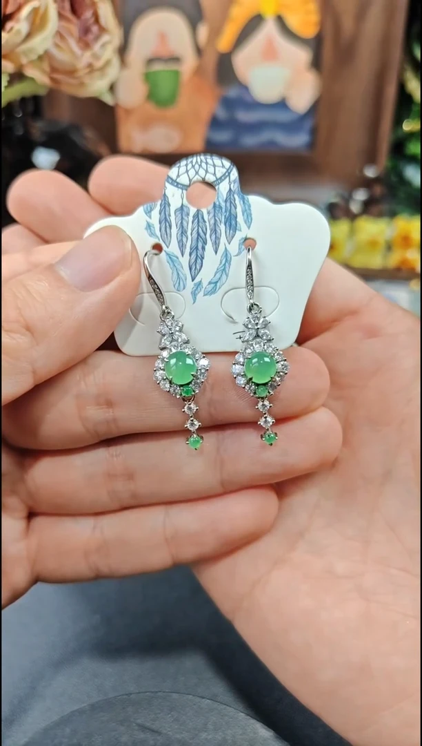 银S925镶嵌翡翠耳饰翡翠耳饰S925银镶嵌
